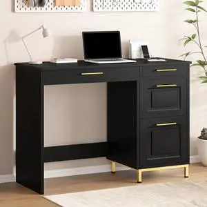 Computer Desk with Drawers, Black Desk with Storage, 43" Small Desk for Small Space, Black & Gold