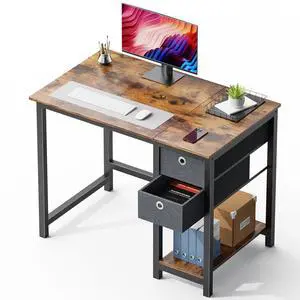 EDX Computer Desk with Drawer 40 Inch PC Table Study Desk with 2-Tier Drawers Storage Shelf Headphone Hook, Modern Simple Style Laptop Desk for Bedroom, Rust