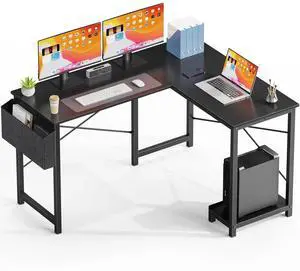 49 Inch Modern L Shaped Computer Desk with Lower Storage Shelf & Side Bag, Two-Way Convertible Corner Gaming Table for Home Office, Black