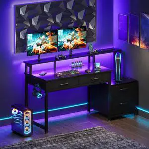 Desk with 4 Drawers, 48 Inch Reversible Desk with Led Lights & Power Outlet, Home Office Desk with File Drawer & Monitor Stand, Black