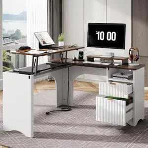 55" L-shaped Computer PC Desk Lift Top with Power Outlets Storage Drawers and Monitor Stand, Walnut and White