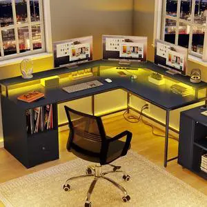 67 inch L Shaped Desk with LED Light and Power Outlets, Computer Desk with Drawer & 3 Cubbies Storage Shelves, Corner Gaming Desk, Office Desk with Monitor Stand, Black
