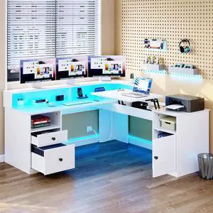 L Shaped Desk with Drawers & Lift Top , 60" Corner Computer Desk with Power Outlet & LED Lights, Office Desk Game Desk with Monitor Stand & File Cabinet, White
