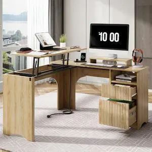 55" L-shaped Computer PC Desk Lift Top with Power Outlets Storage Drawers and Monitor Stand, Log