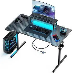 55 Inch Computer Desk with Monitor Stand, Small Gaming Desk with LED Lights & Power Outlets, , PC Gaming Table with Carbon Fiber, Black