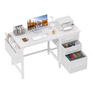 White Computer Desk with Fabric File Drawers Cabinet, 47 Inch Home Office Desks with Filing Cabinet for Small Space, Modern Writing Table PC Desks, White