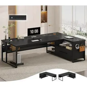 71" L Shaped Executive Desk, Reversible Computer Desk with Mobile File Cabinet and Power Outlets, Large Office Desk with Storage Shelves for Home Office, Marble Black