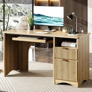55" Computer Writing PC Desk Home Office with Power Outlets Keyboard Tray and Storage Drawers, Log