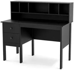 48" Computer Desk with Power Outlets Type-C 5-Cubby Hutch & 2 Storage Drawers Black
