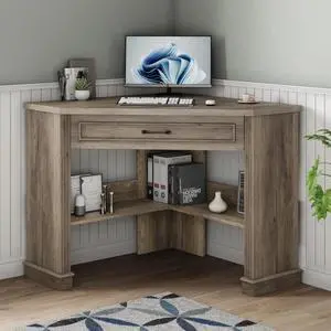 Farmhouse Corner Desk for Small Space, 31.5" Triangle Computer Desk with Drawer & Open Shelves for Home Office, Bedroom, Living Room, Small Corner Desk with Storage, Grey