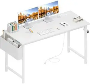 White Computer Desk with Power Outlet, 47 inch Teen Study Table Home Office Work Writing Gaming Desks with Charging Station Outlets Built in, White