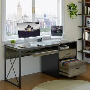 55 inch Computer Desk with Drawers & Keyboard Tray & File Cabinet Home Office Desk in Grey