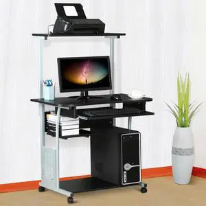 Rolling Computer Desk w/ Printer Shelf & Keyboard Tray, Black