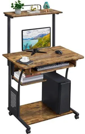 2 Tiers Rolling Computer Desk with Printer Shelf and Keyboard Tray for Home Office, Rustic Brown