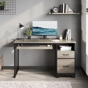 48 Office Desk with Drawers, Computer Writing Desk with Keyboard Tray & 2 Hooks for Home Office, Gray