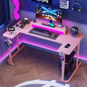 U-shaped Gaming Desk with Monitor Stand, LED Lights, Headphone Hooks, Cup Holder, 31.5 x 59 in, Carbon Fiber Pink