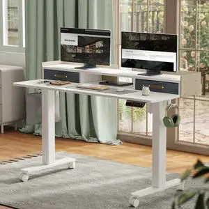 Electric Stand up Desks with 2 Drawers - 55 inch Standing Desk with Storage Shelf, Mobile Computer Adjustable Height Table, Adults Sit-Stand Splice Board Desk for Home Office,White