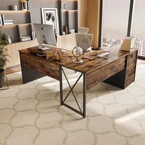 55 inch L-Shaped Lift Top Desk with Storage, Sit to Stand Computer Desk with Monitor Stand & File Drawer in Rustic Brown