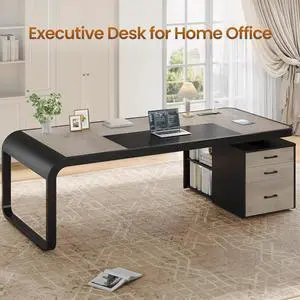 70.9" Executive Desk with Drawers and Power Outlets, Modern Office Desk with Shelf and Large Desktop, Computer Desk Study Table with Storage, Grey
