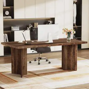 63" Executive Desk, Vintage Wood Office Computer Desk Workstation for Home Office, Brown