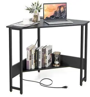 Triangle Computer Desk Corner Desk Home Office w/Power Outlets USB Ports Black