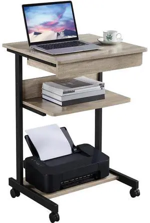 Rolling Laptop Computer Desk Table Tray Desk with Drawers and Printer Shelf on Wheels, Gray