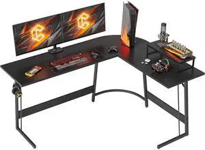 L-Shaped Desk, 59 Inches Gaming Desk, Corner Computer Desk with Removable Monitor Stand, Writing Workstation, Black
