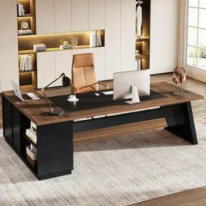 78-Inch L-Shaped Executive Desk, Large Office Desk with Drawers and Lateral File Cabinet, Modern Computer Desk for Home Office, Light Walnut & Black