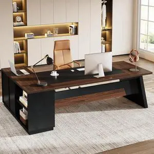 78-Inch L-Shaped Executive Desk, Large Office Desk with Drawers and Lateral File Cabinet, Modern Computer Desk for Home Office, Walnut & Black