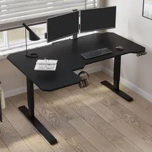 59-Inch Large Electric Height Adjustable Computer L-Shaped Desk with Memory Controller Corner Standing Desk Modern Workstation with Splice Board Game Ergonomic Desk (Black Frame + Black Top)