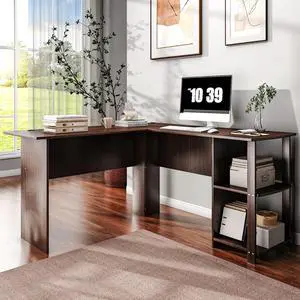 Shaped Computer Desk Workstation Laptop PC Table Shelves Office Furniture Dark Brown
