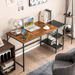 Computer Desk with Storage Shelves  Home Office Desk with Rustic Wood Top, Metal Frame, 3-Tier Shelves & Cable Management for Study & Work