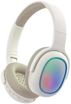 Bluetooth Headphones Over Ear, BT5.3, Colorful RGB Light, Long Playtime Wireless Headset, Noise Cancel, HiFi Stereo Foldable Lightweight Deep Bass for Travel Home Office Cellphone(Beige)