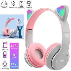 Kids Headphones, Cat Ear Wireless Headphones, LED Light Up Bluetooth over on Ear Purple Headphones for Boy Girl With Microphone, Light Gray