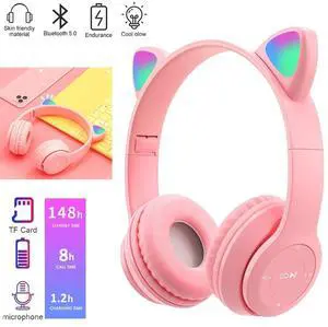 Kids Headphones, Cat Ear Wireless Headphones, LED Light Up Bluetooth over on Ear Purple Headphones for Boy Girl With Microphone, Pink