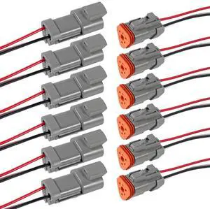 6 kit 3Pin Way Electrical Wire Connector, 3Way DT Automotive Waterproof Electrical Connector Male Female Plug Wiring Harness with 16AWG Cable Wire for Car Truck Motorcycle Marine