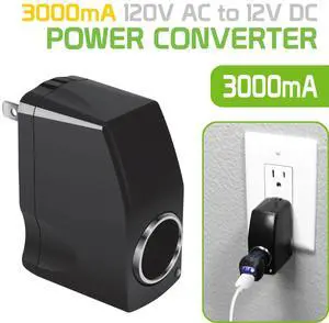 Universal 3,000mA 12V Output AC Wall to DC Car Cigarette Lighter Port Power Converter Female Adapter (Convert 110 Volt to 12 Volt, AC/DC Adapter) - (Not for Air Compressor)