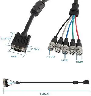 VGA to BNC Adapter Cable, HD15 VGA to 5 BNC RGBHV Male Coaxial High Resolution for HDTV Monitor Cable (Black)