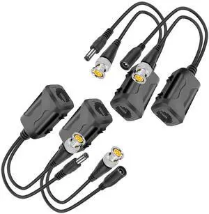 Passive Video Balun BNC to RJ45 Cat5e/6 Video Baluns Transceiver Transmitter with Power Connector for 720P 1080P 3MP 4MP 5MP 8MP HD-CVI/TVI/CVBS Analog to IP Camera Converter (2 Pairs)
