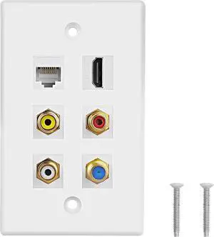 HDMI RCA 6 Port Keystone Wall Plate HDMI Coax CAT6 Ethernet RCA Ethernet Wall Outlet Plate Panel 3 RCA +1 Cat6+1 Coax Cable TV F Type Port+1 HDMI Female to Female Insert Wall Plates -White