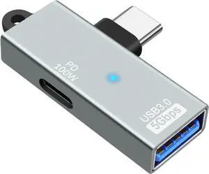 USB-C to USB 3.0 2 in 1 OTG Adapter, Right Angle USB C Male to USB 3.0 Female 5Gbps Converter with PD 100W Power Charging Port for Laptop Tablet Phone