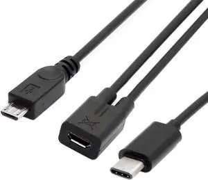 USB-C to MicroUSB Adapter, 2-Port, AWG 28, Black Micro USB Female to USB-C Type C USB 3.1 Micro USB Male Splitter Extension Charge Cable