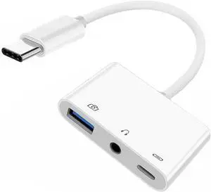 Type C USB-C to 3.5mm Audio AUX & Type-A USB2.0 OTG Female with PD Power Charge Adapter Compatible with Laptop Tablet Phone