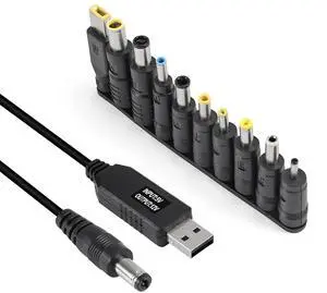 10pcs/Set DC 5.5X 2.1mm Female Right Angle Jack Plug Adapter Connectors to Universal Male Plug Power Adaptor with USB to DC Power Cable 5V to 12V Boost Converter for Laptop Notebook