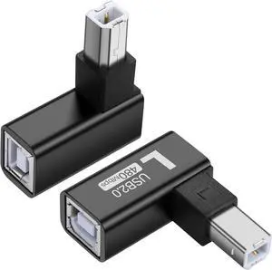 USB 2.0 Type B Printer Adapter 90 Degree Type-B Male to Female Converter MIDI Extender USB 2.0 Printer Connector for Printer, Scanner,Mixer, 2Pcs (Black)