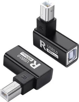 USB 2.0 Type B Printer Adapter 90 Degree Type B Male to Female Converter MIDI Extender USB 2.0 Printer Connector for Printer, Scanner, Mixer, 2pcs (Black) (R)