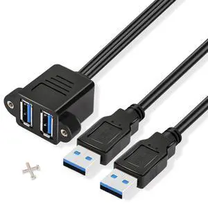 Dual USB 3.0 Cable with Panel Mount Screw Hole, 2 Ports USB 3.0 Male to Female Extension Cable, Suitable for Family, Classroom, Office, Conference, Entertainment and More Occasions (0.3m)
