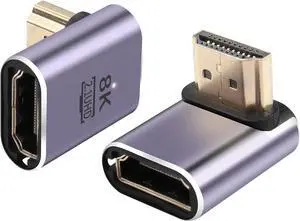90 Degree HDMI Adapter 8K,2 Pack Right Angle 48Gbps HDMI 2.1 Male to Female Extender Adapter Support 8K@60Hz, 4K@120Hz, HDR, eARC(Down Bend)