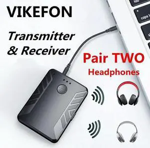 Bluetooth 5.0 Audio Transmitter Receiver Pair with TWO Headphones 3.5mm AUX RCA Wireless Adapter for TV PC Car Speaker