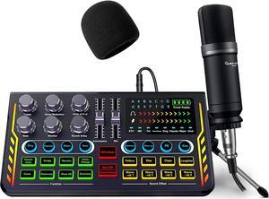 Podcast Equipment Bundle, Audio Interface with DJ Mixer Sound Mixer All-in-ONE with 3.5mm Microphone Perfect for Live Streaming, Recording and Gaming Compatible with PC/Laptop/Smartphone